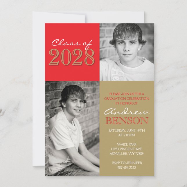 Red and Bronze Gold Classic 2 Photo Graduation Invitation (Front)