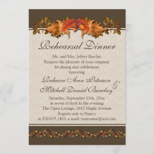 Red and brown Autumnal leaves Rehearsal Dinner Invitation