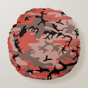 Red and Brown Camouflage, Military, Army Round Pillow