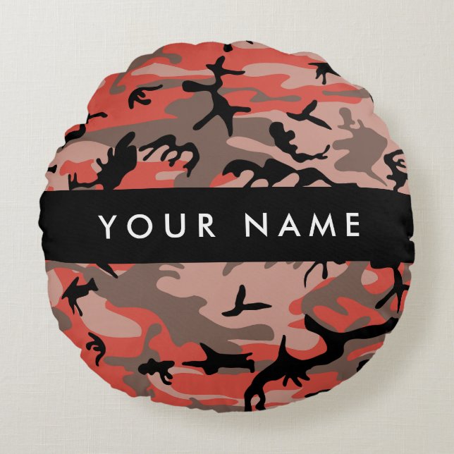 Red and Brown Camouflage Your name Personalize Round Pillow (Front)