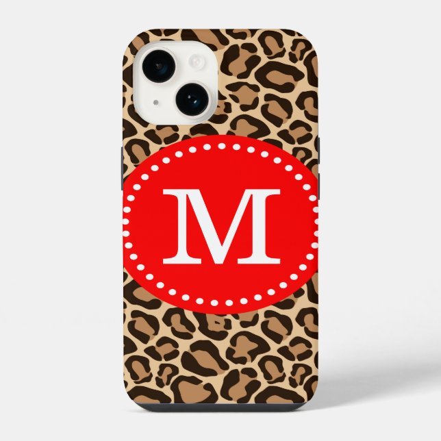 Red and Brown Leopard Print Monogram iPhone Case (Back)