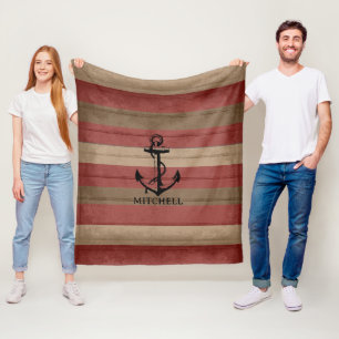 Red and Brown Wood Nautical ⚓ Stripes & Anchor Fleece Blanket