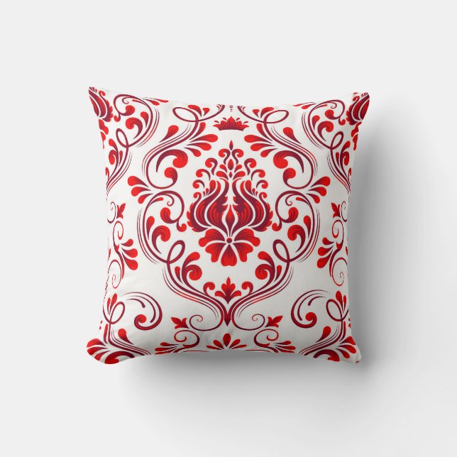 Red and Burgundy Damask Floral Pattern Elegant  Throw Pillow (Front)