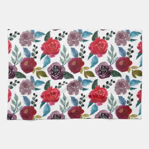 Red and burgundy watercolor flowers kitchen towel