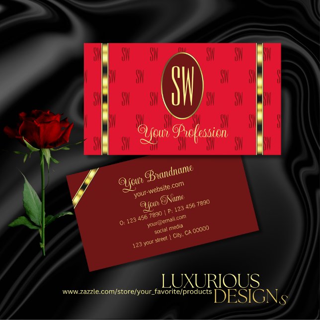Red and Burgundy with Monogram Patterned Letters Business Card (Creator Uploaded)