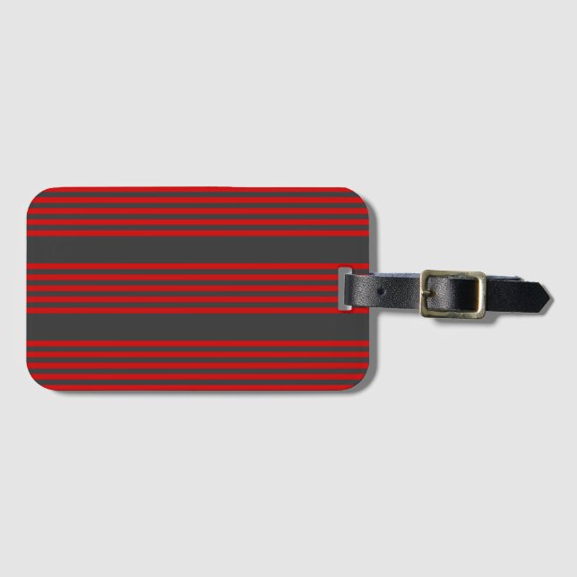 Red and charcoal five stripe pattern luggage tag (Front Horizontal)