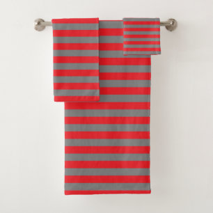 Red and Charcoal Grey Stripes Bath Towel Set