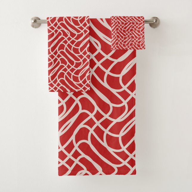 Red And Cream Abstract Line Pattern Bath Towel Set (Insitu)