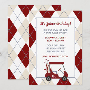 Red and Cream Argyle Golf Cart Party Invitation