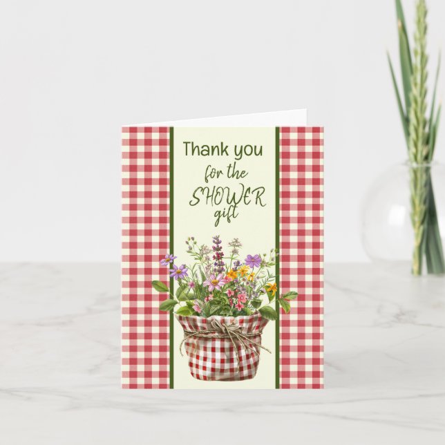 Red and Cream Chequered Showe Thank You Note Card (Front)