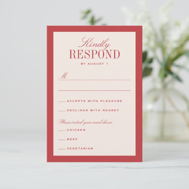 Red and Cream Classic Elegant Wedding RSVP Card (Standing Front)