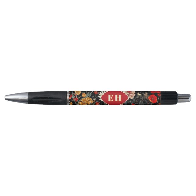 Red and Cream Dark Floral Monogram Pen (Front)