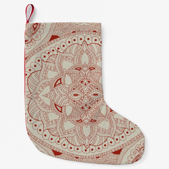 Red and Cream Henna Style Mandala Small Christmas Stocking (Front)