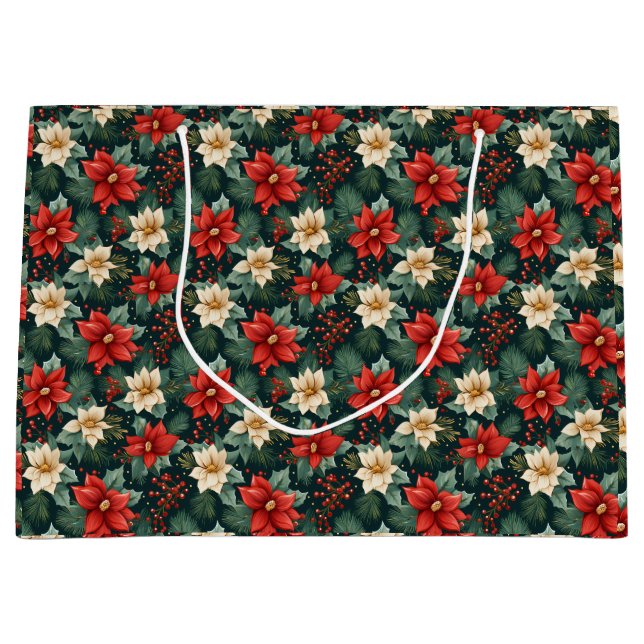 Red and Cream Poinsettias with Berries Large Gift Bag (Front)