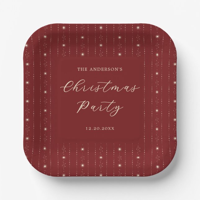 Red And Cream Stars Christmas Party Paper Plate (Front)