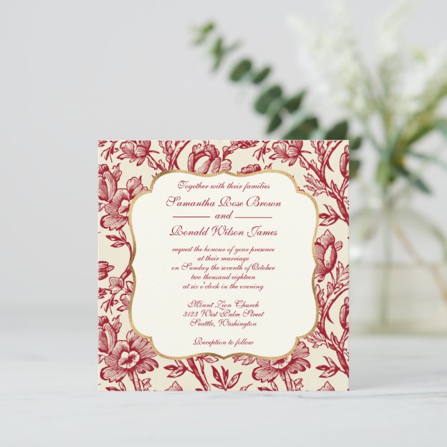 Red and Cream Tulips French Country Decor Wedding Invitation (Standing Front)