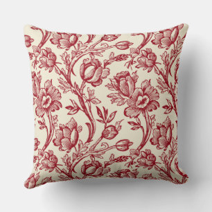 Red and Cream Tulips Toile de Jouy Throw Pillow