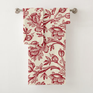Red and Cream Tulips Toile - French Country Decor Bath Towel Set