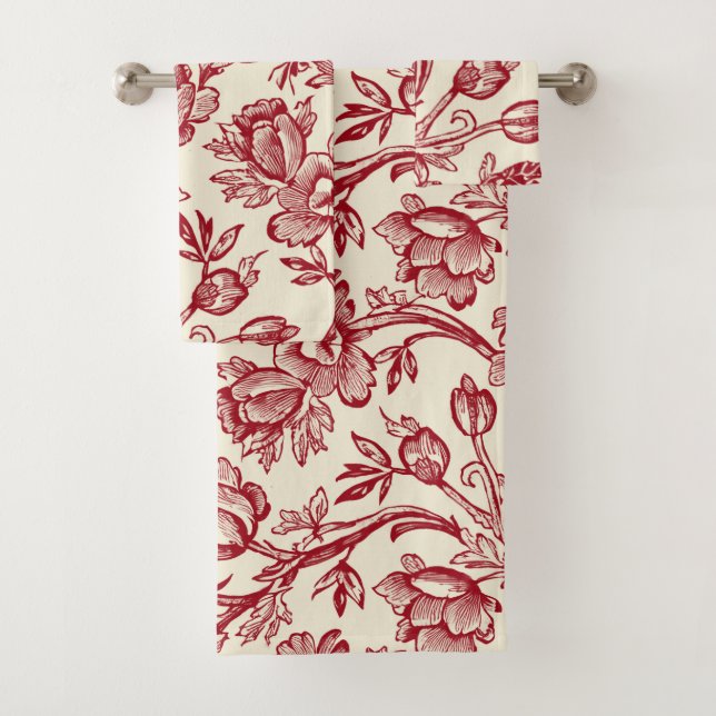 Red and Cream Tulips Toile - French Country Decor Bath Towel Set (Insitu)