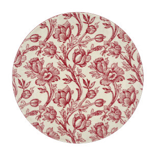 Red and Cream Tulips Toile - French Country Decor Cutting Board