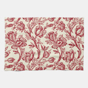 Red and Cream Tulips Toile - French Country Decor Kitchen Towel