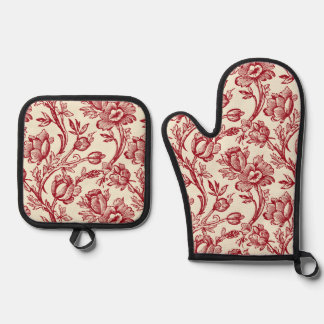 Red and Cream Tulips Toile - French Country Decor Oven Mitt & Pot Holder Set
