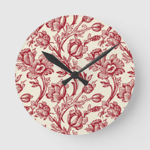 Red and Cream Tulips Toile - French Country Decor Round Clock