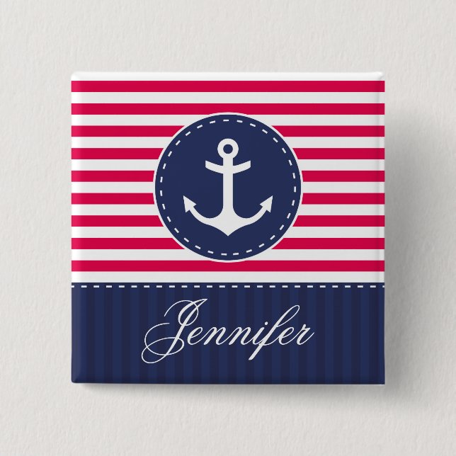 Red and Dark Blue Stripes Anchor With Name 2 Inch Square Button (Front)