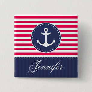 Red and Dark Blue Stripes Anchor With Name 2 Inch Square Button