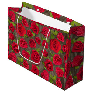 Red And Dark Pink Floral Roses Pattern Large Gift Bag