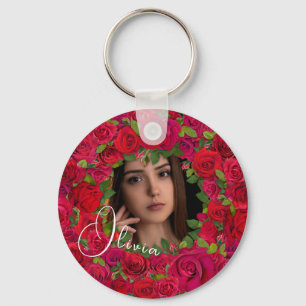 Red And Dark Pink Rose Romantic Photo Frame Keychain