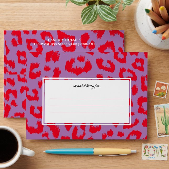Red and Dusty Purple Bold Leopard Print Envelope (Desk)
