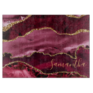 Red and Faux Gold Glitter Marble Agate Cutting Board