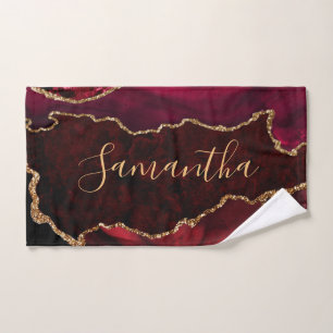 Red and Faux Gold Glitter Marble Agate Hand Towel