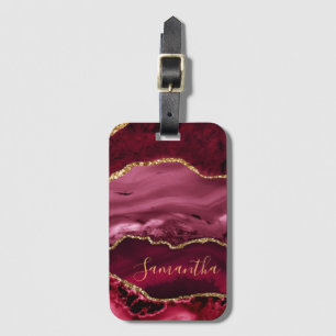 Red and Faux Gold Glitter Marble Agate Luggage Tag
