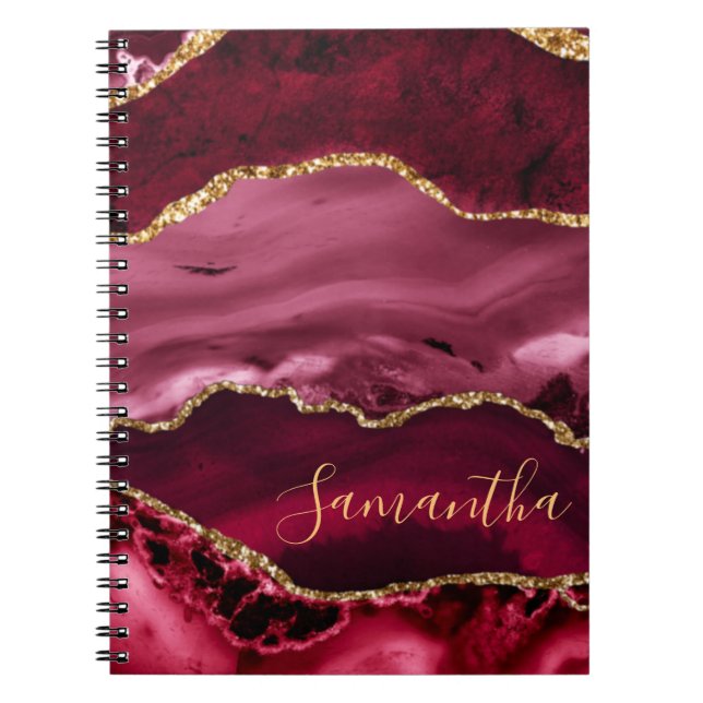 Red and Faux Gold Glitter Marble Agate Notebook (Front)