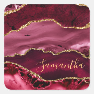 Red and Faux Gold Glitter Marble Agate Square Sticker