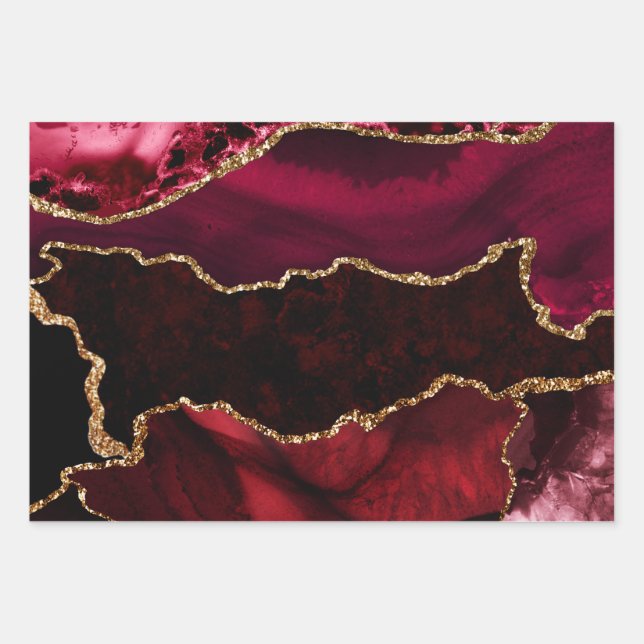 Red and Faux Gold Glitter Marble Agate Wrapping Paper Sheet (Front)