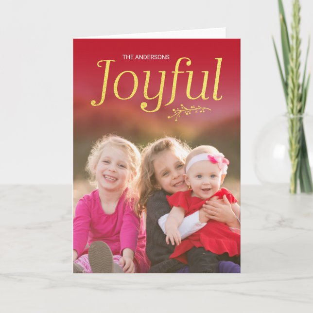 Red and Faux Gold Joyful Holiday Photo Card (Front)