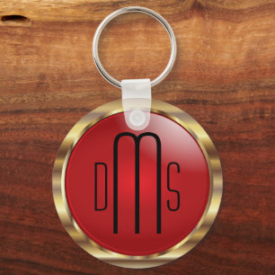 Red and Faux Metallic Gold with Monogram  Keychain