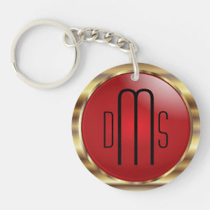 Red and Faux Metallic Gold with Monogram Keychain
