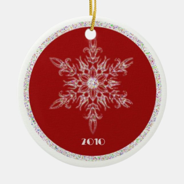 Red and glitter snowflake ceramic ornament (Front)