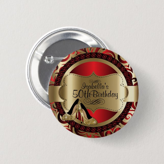 Red and Gold 00th Birthday with Gold High Heels 2 Inch Round Button (Front & Back)