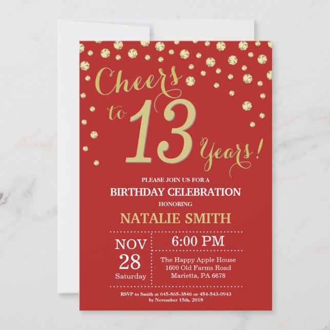 Red and Gold 13th Birthday Diamond Invitation (Front)