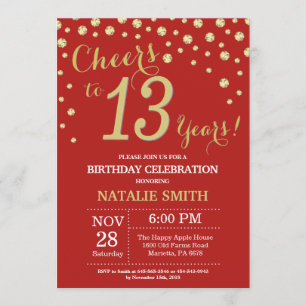 Red and Gold 13th Birthday Diamond Invitation