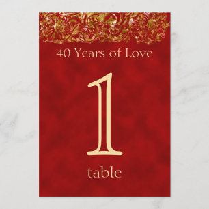 Red and Gold 40th Anniversary Table Number