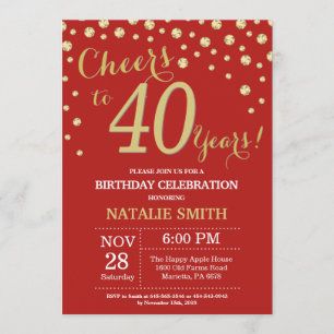 Red and Gold 40th Birthday Diamond Invitation
