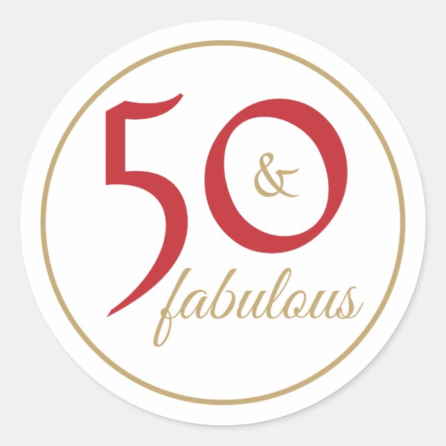 Red and Gold 50 and Fabulous Typography Classic Round Sticker (Front)