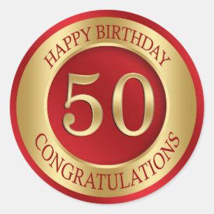 Red and gold 50th Birthday Classic Round Sticker
