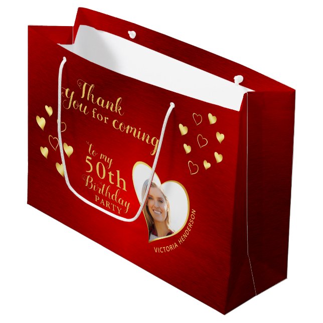 Red and Gold 50th Birthday Thank You Favour Large Gift Bag (Front Angled)